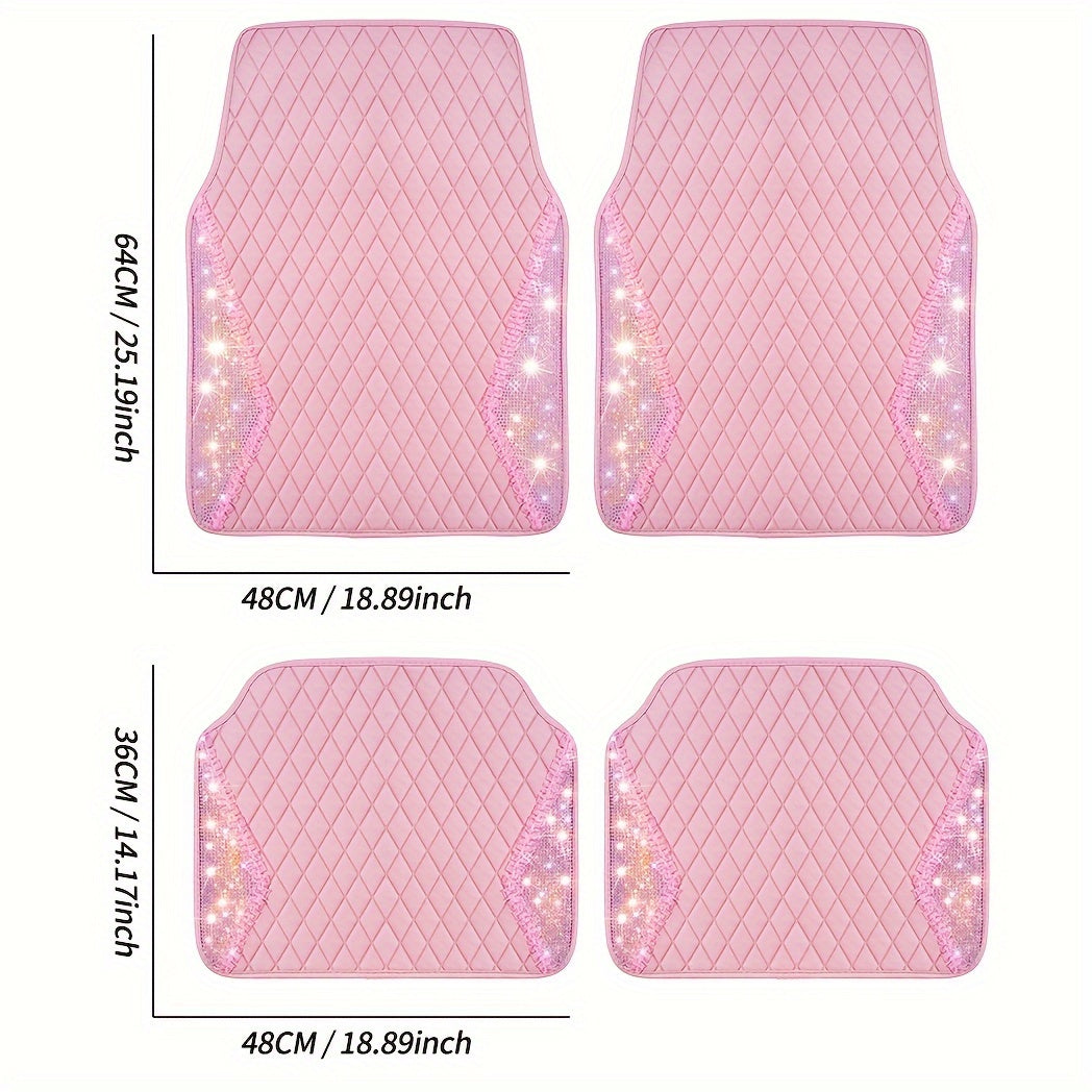 PU Leather Car Mats, Beautiful Fabric Pattern Decoration, Shining Diamond Floor Mats Crystal Rhinestones Sparkly Glitter Carpet Anti-Slip Pad Universal Fit For Automotive SUV, Sedan, Van, 4pcs For Girl Women Pink