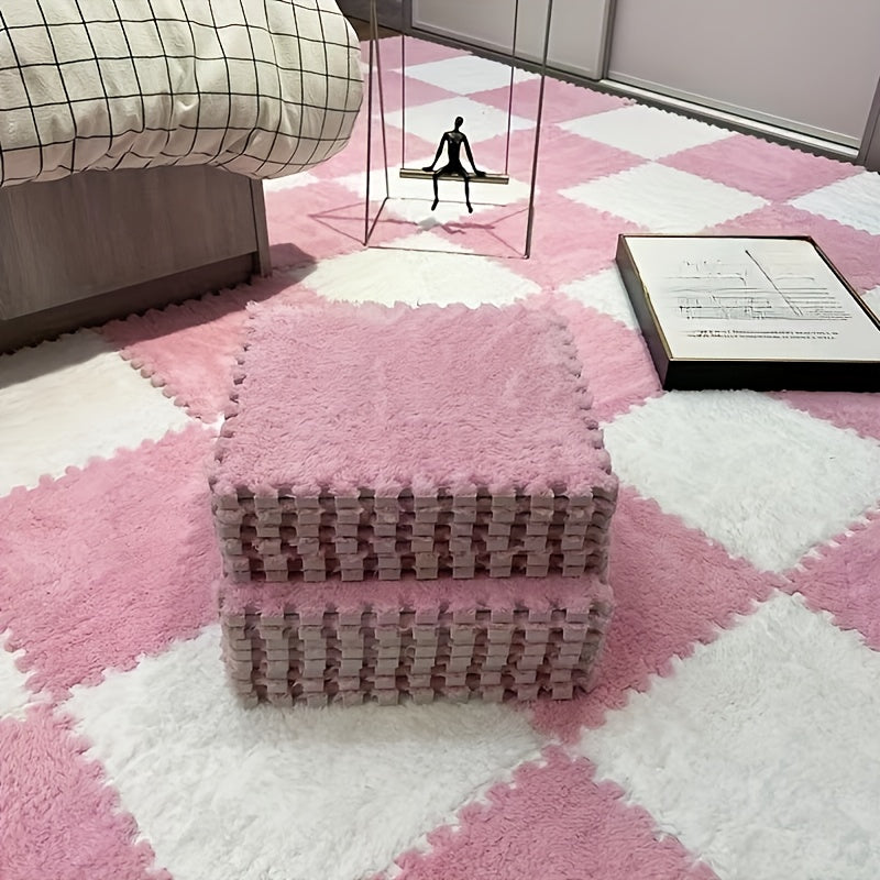 24pcs Soft Blue & Gray Plush Interlocking Floor Mats - Washable EVA & Polyester, Perfect for Living Room, Bedroom, or Game Room Decor