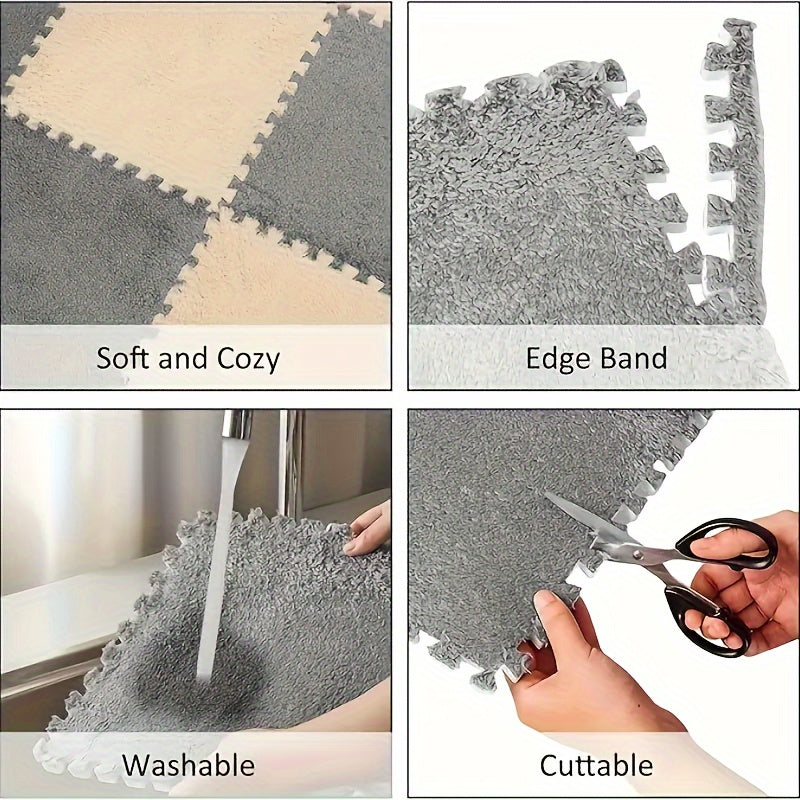 24pcs Soft Blue & Gray Plush Interlocking Floor Mats - Washable EVA & Polyester, Perfect for Living Room, Bedroom, or Game Room Decor