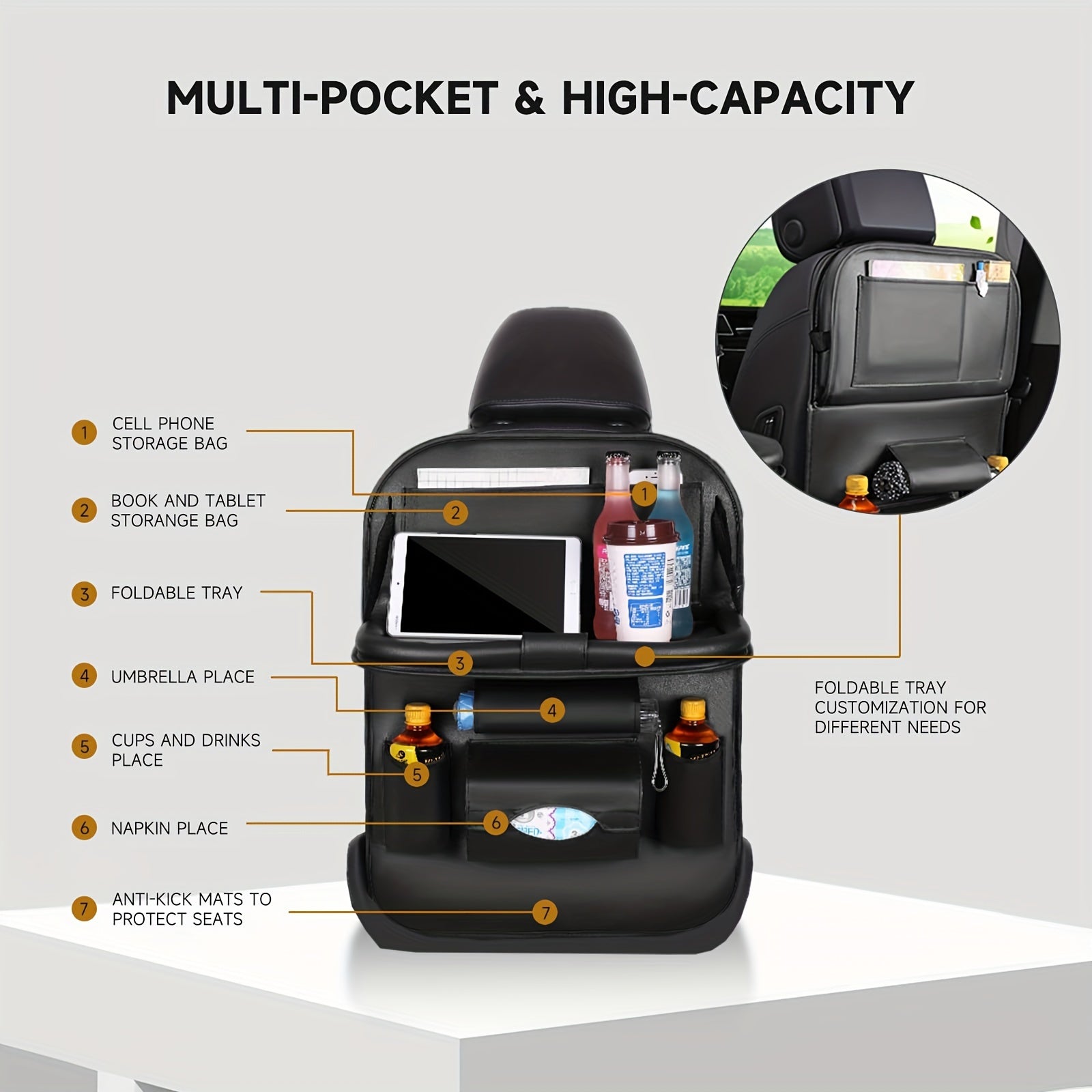 Car Backseat Storage Bag, Eco-friendly, Waterproof And Scratch-resistant, Multi-functional 9 Storage Pockets With Tablet Stand, Table Tray Folding, Seat Back Protection Pad, Strong Load Bearing Capacity - PU Leather