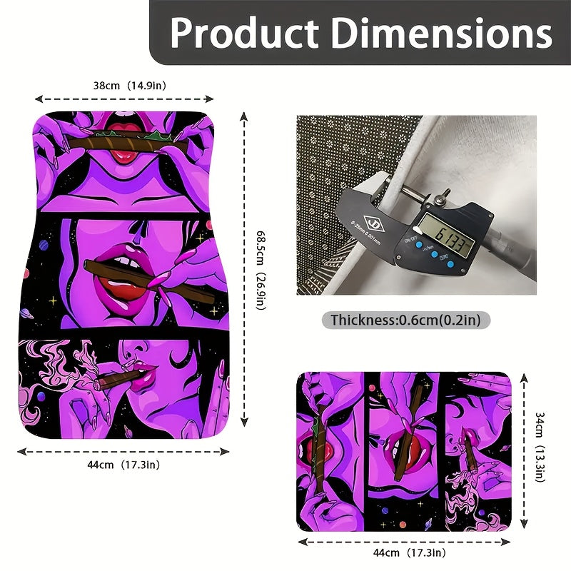 4pcs Cool Girl Pattern Flannel Car Floor Mats, UV Black Gloss Car Floor Mats, Absorbent, Non-Slip Mats, Suitable for Most Car Front and Rear Seat Carpets, Car Interior Protection Decoration