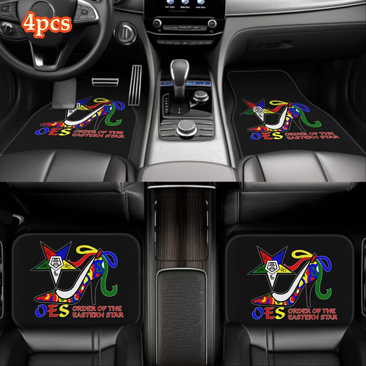 4pcs OES Eastern Star High Heel Shoe Pattern Print Car Floor Mats Set- Universal Fit Front& Rear Full Coverage Auto Interior Accessories, Vehicles Floor Mats Suitable for Sedans, Vans, Suvs