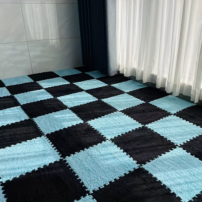 24pcs Soft Blue & Gray Plush Interlocking Floor Mats - Washable EVA & Polyester, Perfect for Living Room, Bedroom, or Game Room Decor