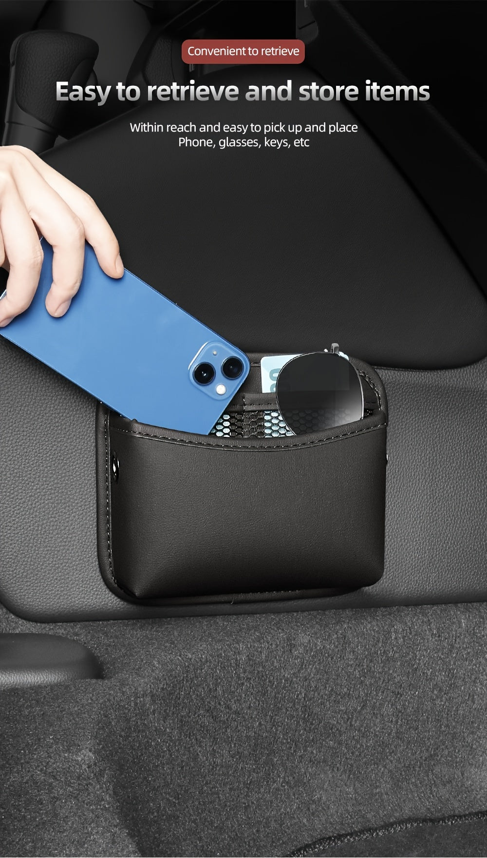 PU Leather Car Side Pocket Organizer - Universal Cell Phone and Sunglasses Holder for Car Seat Gap, Door, Window, Console - Car Accessories Storage Pouch