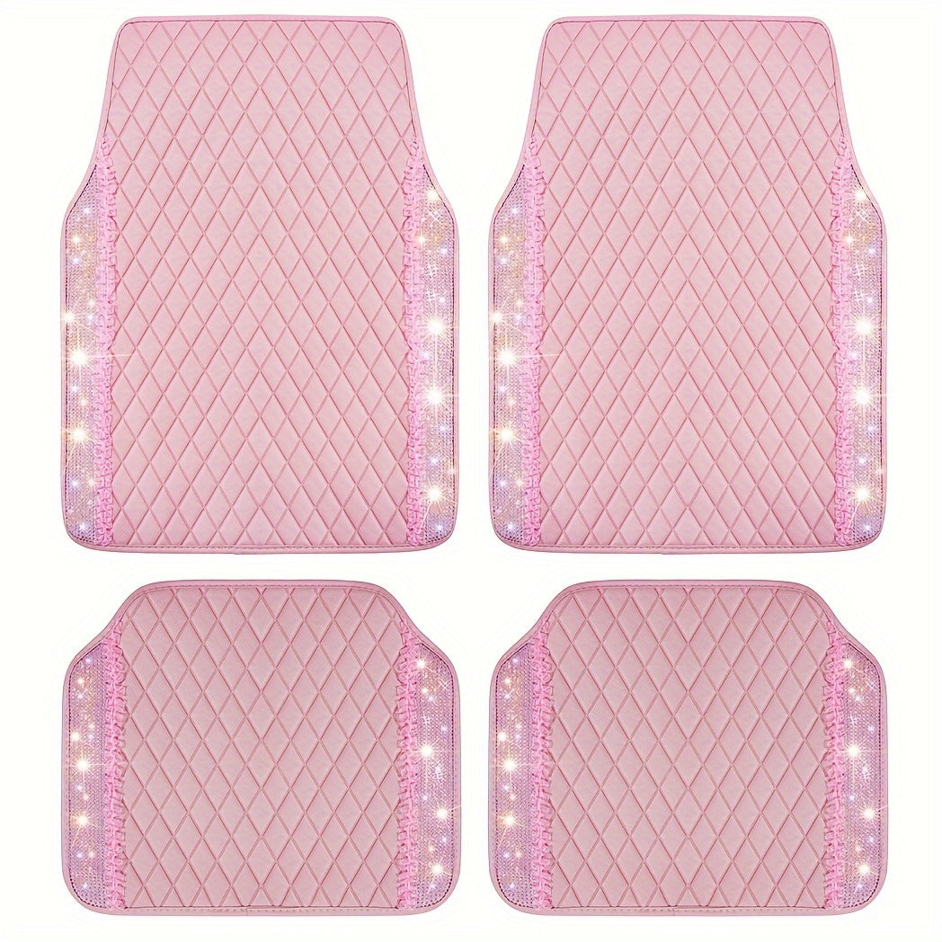 PU Leather Car Mats, Beautiful Fabric Pattern Decoration, Shining Diamond Floor Mats Crystal Rhinestones Sparkly Glitter Carpet Anti-Slip Pad Universal Fit For Automotive SUV, Sedan, Van, 4pcs For Girl Women Pink