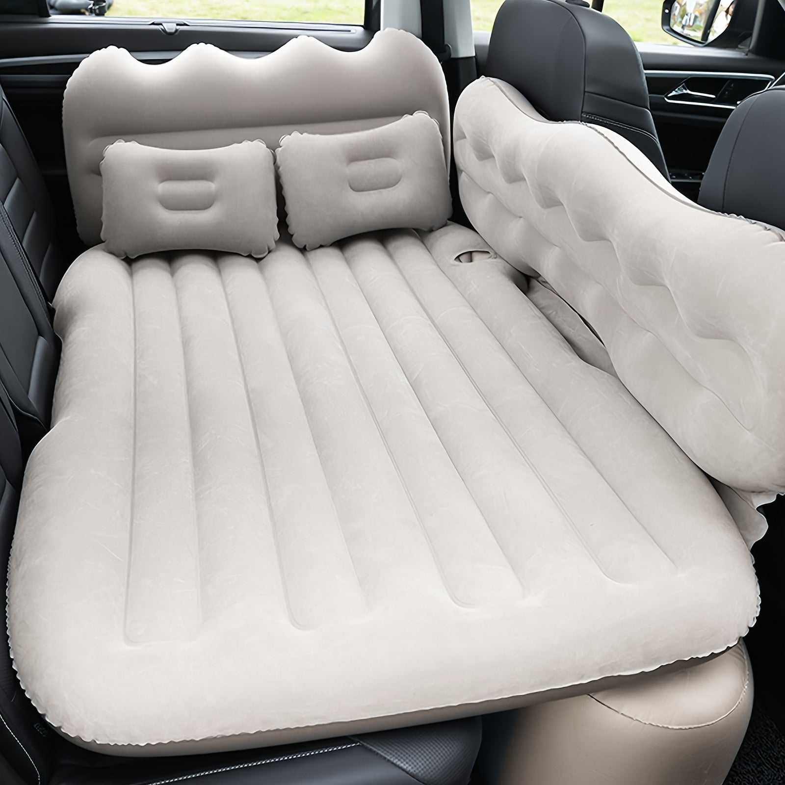Portable Foldable Car Air Bed Kit with PVC Surface - Includes Air Pump & Two Pillows, Ideal for Outdoor Travel & Camping, Easy Cushion Conversion for Vehicle Interiors, Foldable Bed