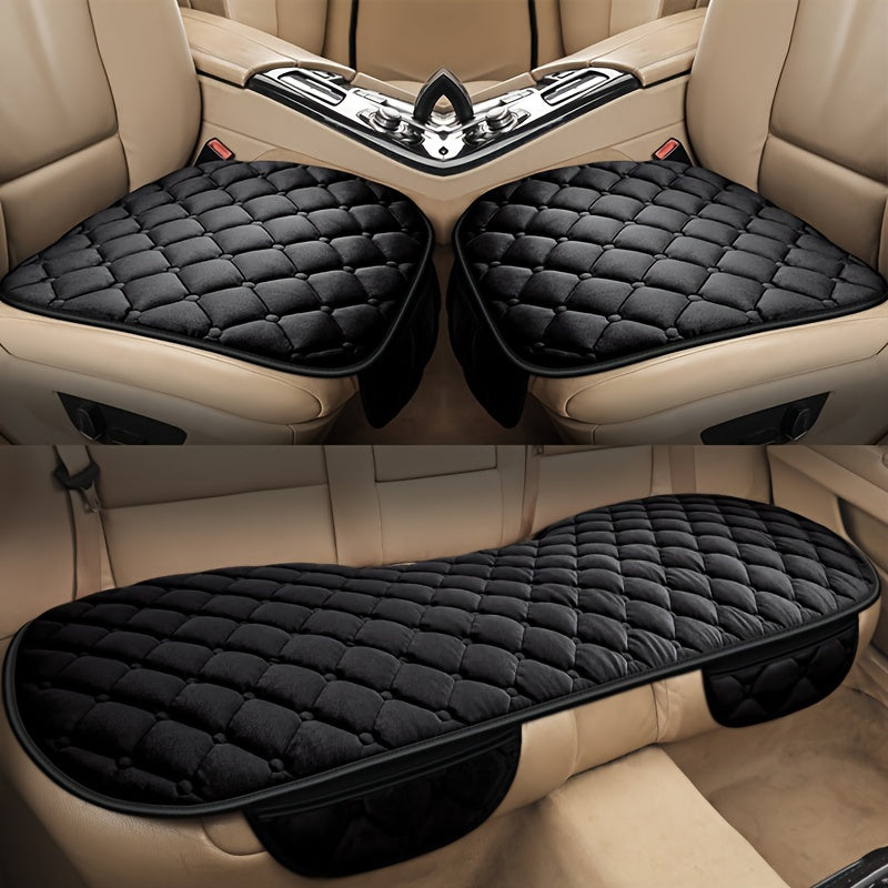 Diamond Pattern Plush Car Seat Cover Set - Universal Fit Warm Winter Automotive Seat Cushions, 3-Piece Vehicle Seat Pad Kit with Secure Buckle System for Car Interior Accessories