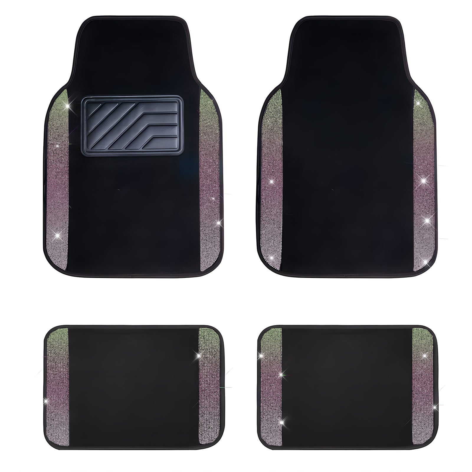 Car Floor Mats Shining Rhinestones Carpet, Bling Crystal Diamond Sparkly Glitter Car Floor Mats with Anti-Slip PVC Heel Pad Automotive Universal for SUV, Sedan, Car, Van, 4pcs for Girl Women