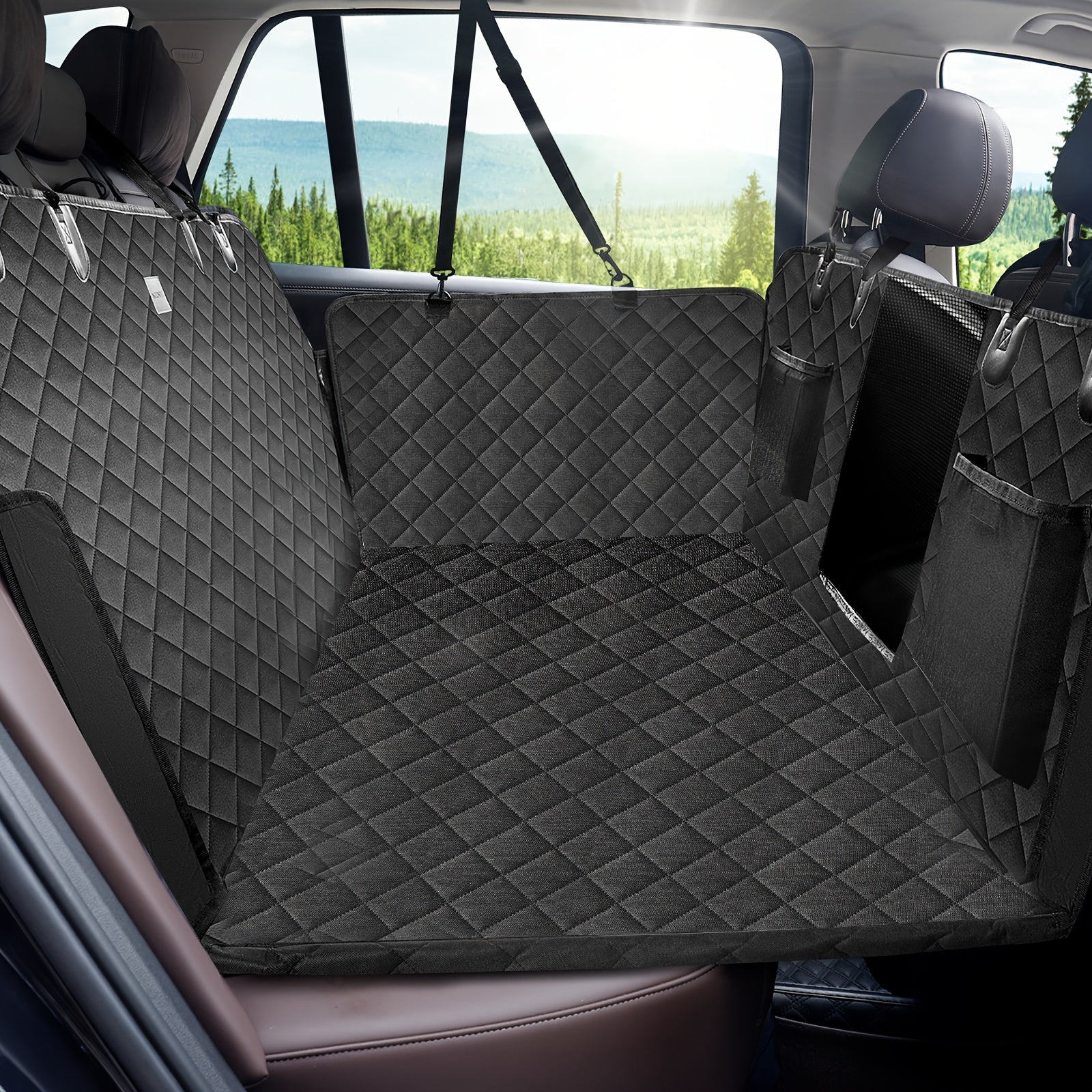 Heavy-Duty Dog Car Seat Cover & Back Seat Extender with Mesh Window, Quilted Fabric, Waterproof, 300 lbs Capacity - Ideal for SUVs and Trucks, Black, Seat Covers for Car