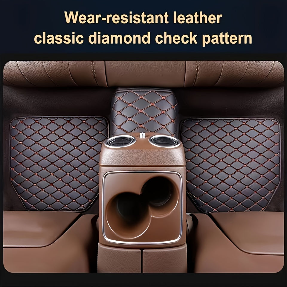 Universal Fit 5-Piece Set Waterproof PU Leather Car Floor Mats With Artificial Diamond Pattern - Easy Installation, Enhanced Interior Protection