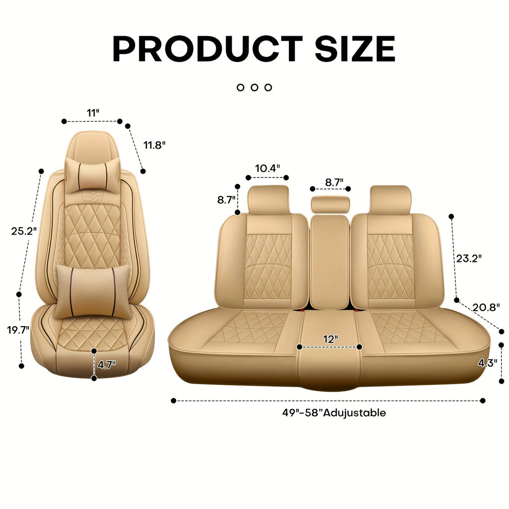 5-Seat Beige Luxury PU Leather Car Seat Cover Set - Waterproof, Adjustable Fit, 360° Protection - Universal for Sedans, Trucks, SUVs