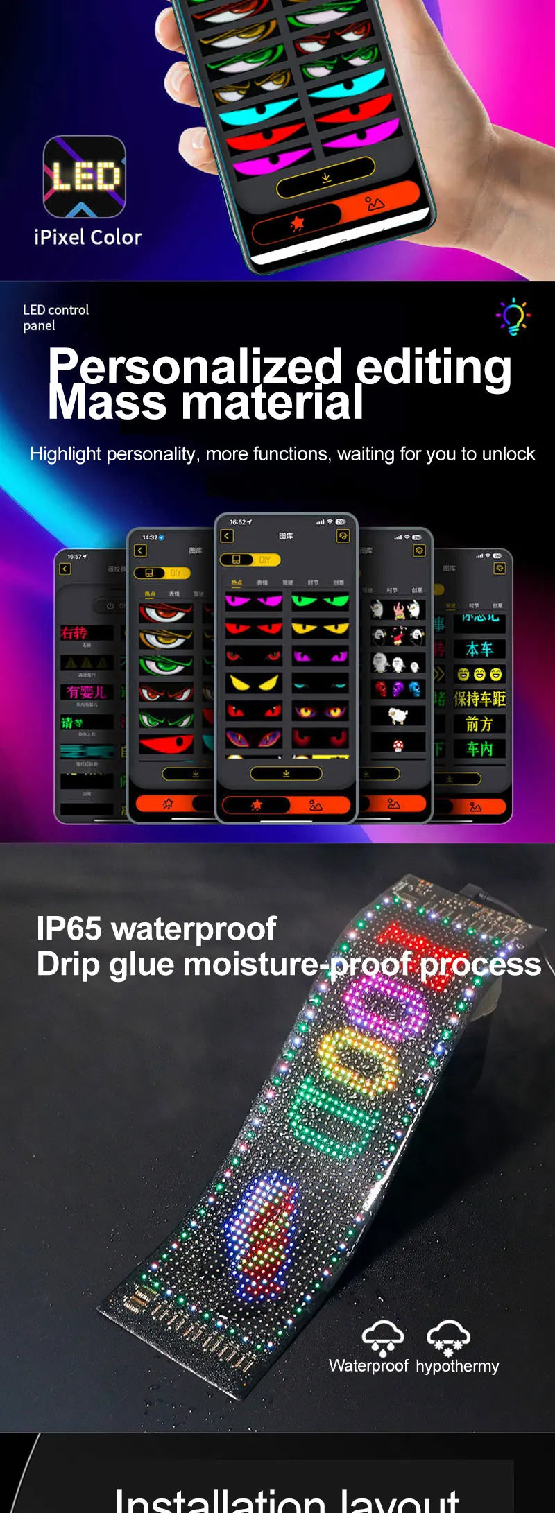 RGB LED Car Matrix Pixel Panel Truck Eyes Sign Animation DIY Programmable Bluetooth App Control Flexible Scrolling Display Light