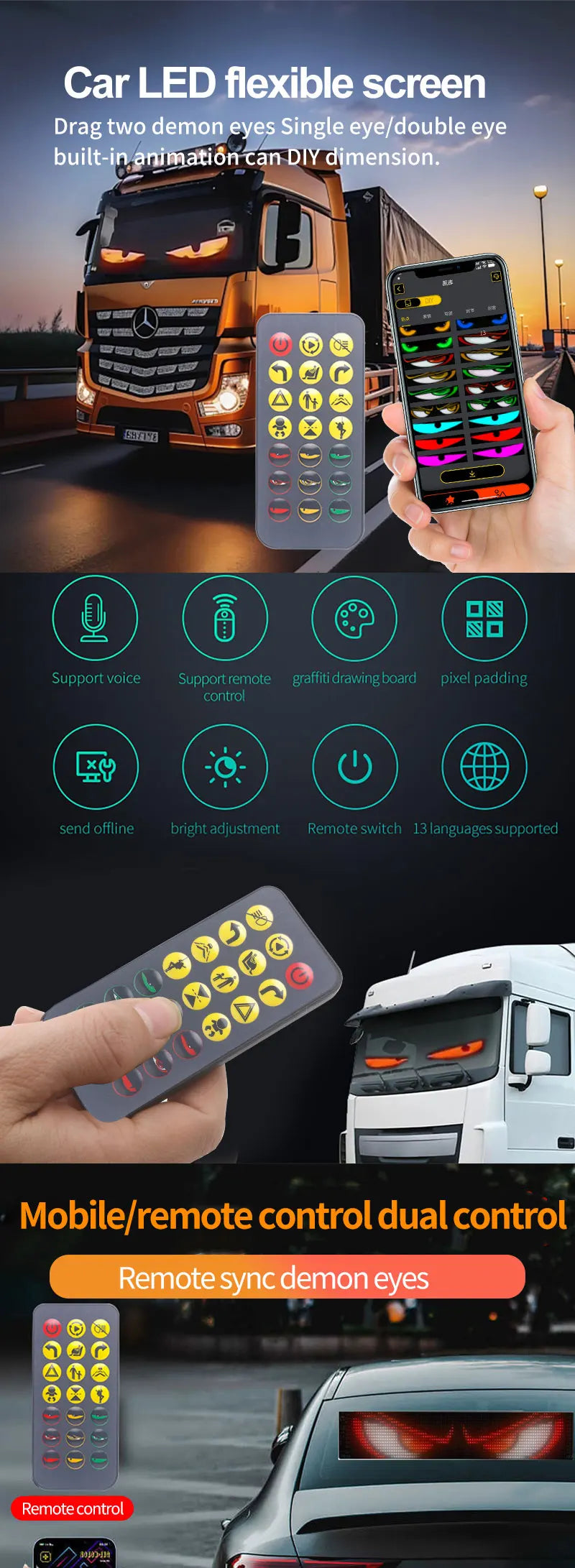 RGB LED Car Matrix Pixel Panel Truck Eyes Sign Animation DIY Programmable Bluetooth App Control Flexible Scrolling Display Light