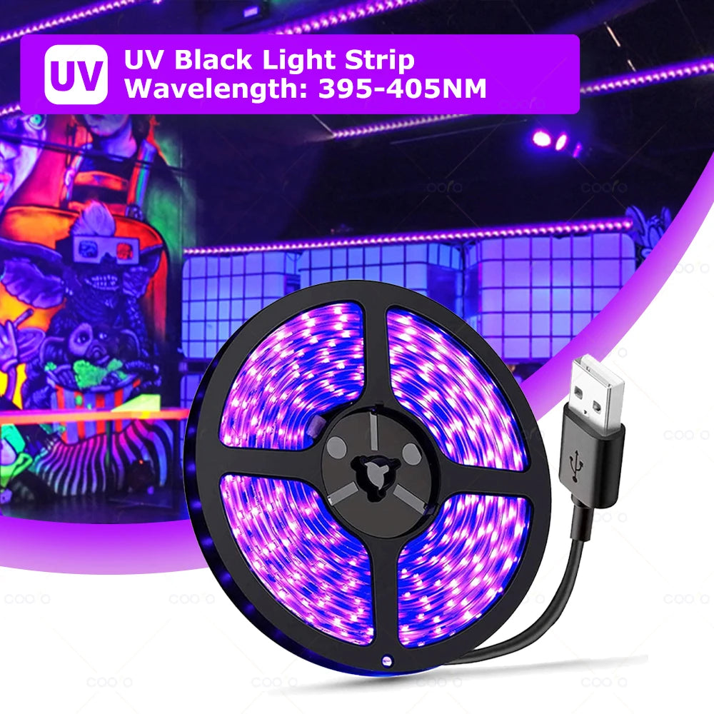 UV LED Light Strip Flexible LED Strip Light Ultraviolet UV Lamp 395-405nm Black Light 2835 SMD DC5V LED Ribbon For Glow Party