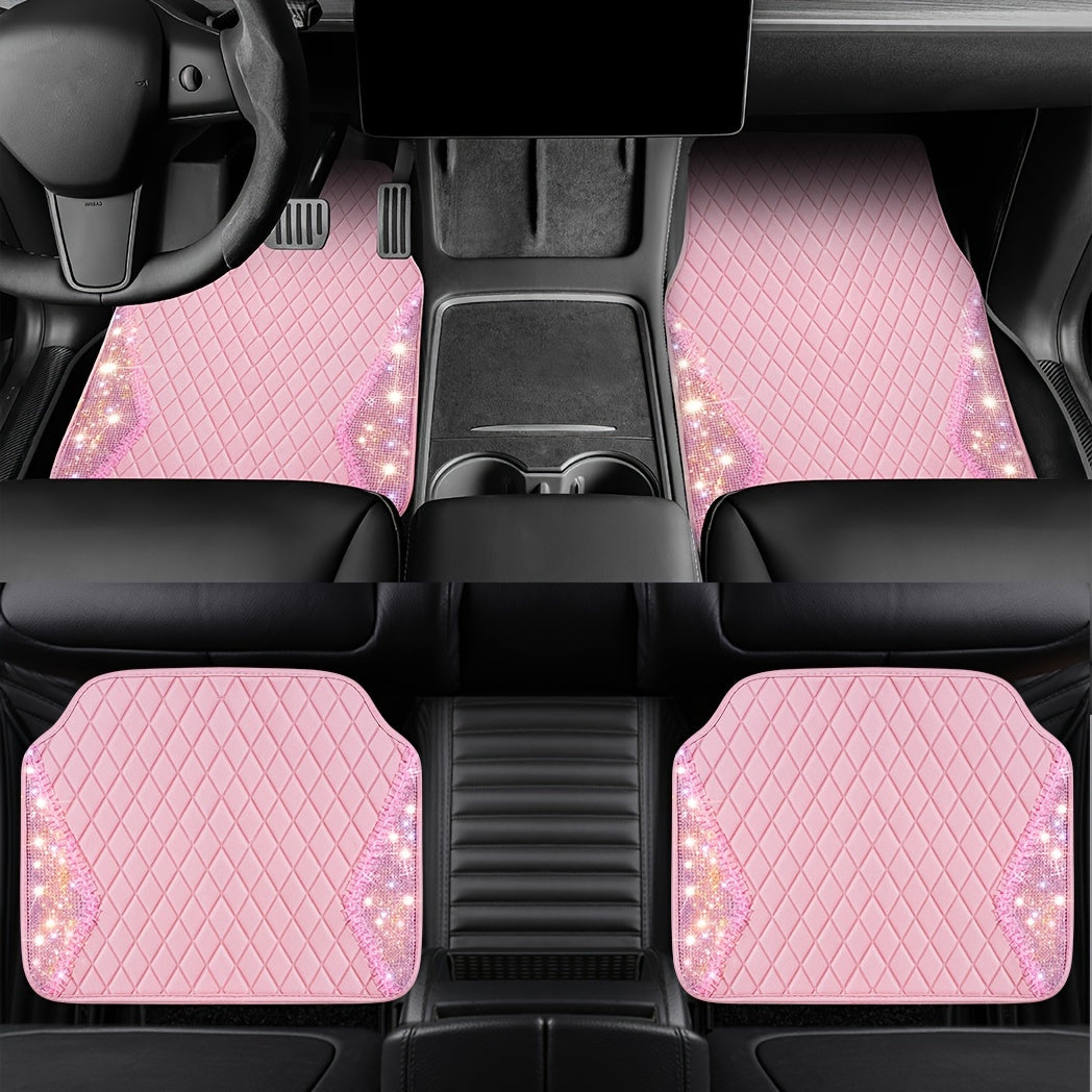 PU Leather Car Mats, Beautiful Fabric Pattern Decoration, Shining Diamond Floor Mats Crystal Rhinestones Sparkly Glitter Carpet Anti-Slip Pad Universal Fit For Automotive SUV, Sedan, Van, 4pcs For Girl Women Pink
