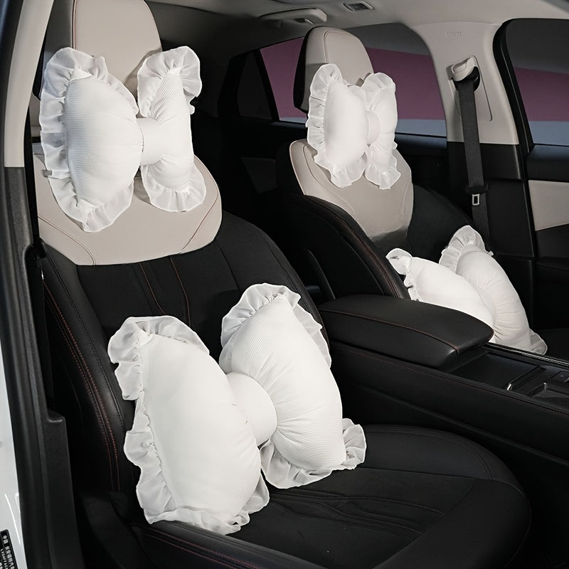 1 Set Creative Butterfly Lace Edge Car Headrest and Lumbar Support Cushion - Breathable Polyester Fiber Neck Pillow and Seat Back Pillow for All Seasons, Comfortable Vehicle Accessories