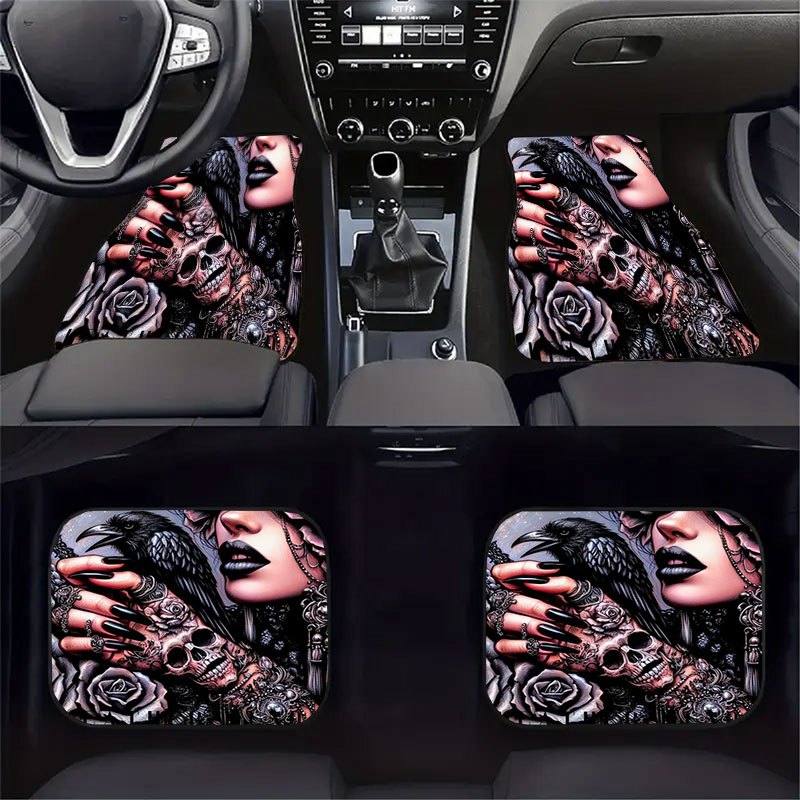 Set of Four Car Floor Mats Featuring a Skull Rose Design, Made from Crystal Velvet with Anti-Slip Properties. This Universal Set Enhances Your Vehicle'S Interior, Effectively Gathers Hair, Maintains Cleanliness, Is Easy to Cl