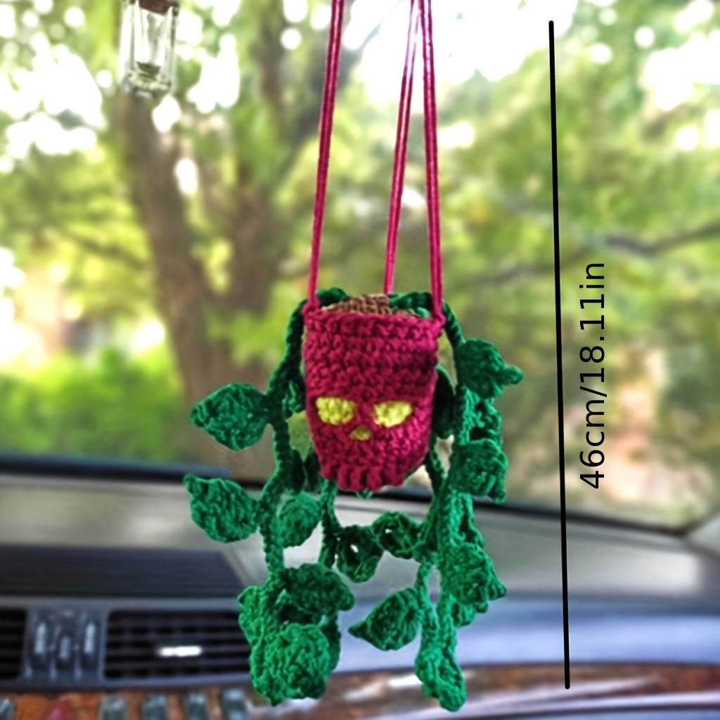Handmade Crochet Cool Car Rearview Mirror Pendant Halloween Skull Head Hanging Ornament Car Interior Room Decorations Holiday Gift