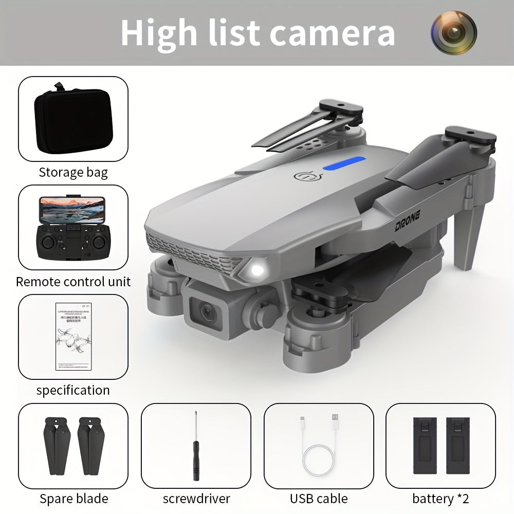 Intelligent aerial drone E88 single camera with dual batteries and replacement blades, equipped with protective frame and quadcopter, wireless connection, mobile phone remote control of unmanned aerial vehicle, aerial camera,