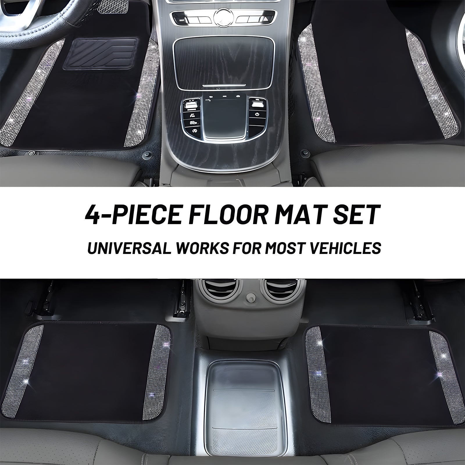 Car Floor Mats Shining Rhinestones Carpet, Bling Crystal Diamond Sparkly Glitter Car Floor Mats with Anti-Slip PVC Heel Pad Automotive Universal for SUV, Sedan, Car, Van, 4pcs for Girl Women