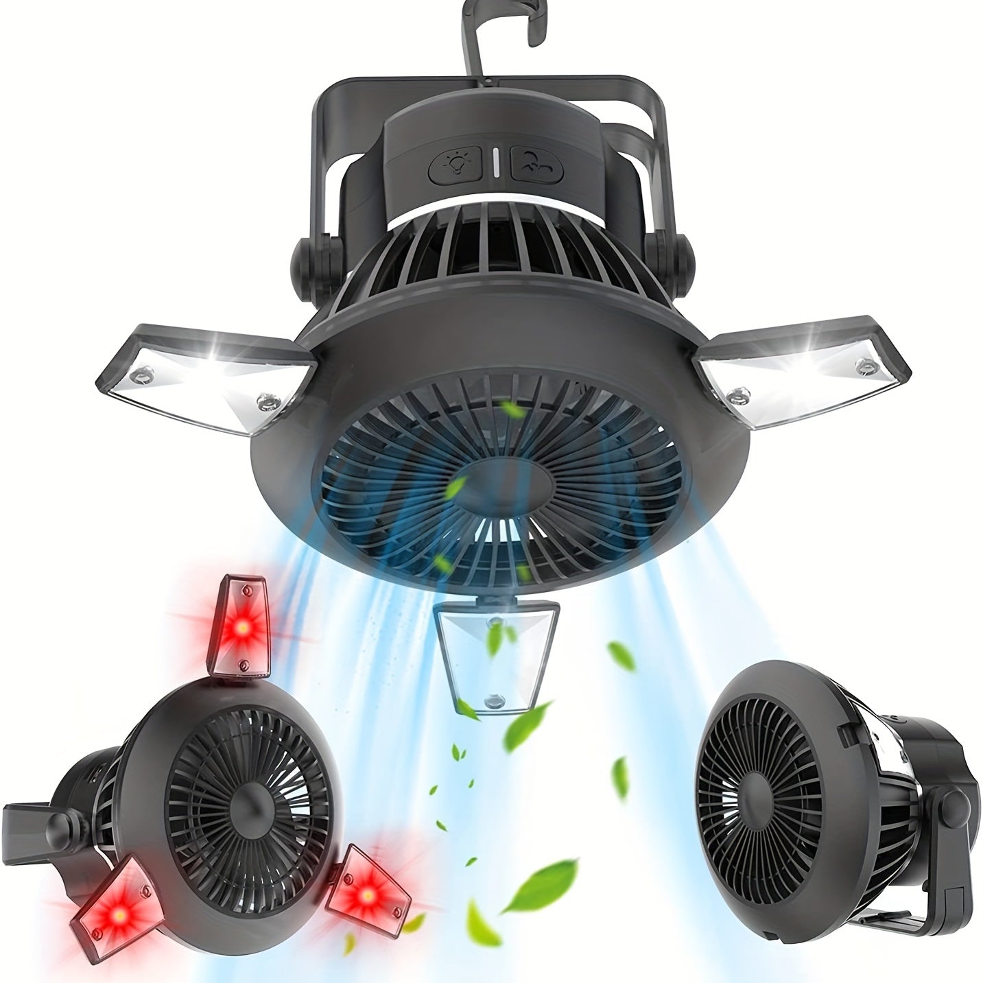 4000mAh Rechargeable Solar Powered Ceiling Fan with LED Lantern - Portable, Touch-Controlled, and Hanging Tent Fan for Indoor and Outdoor Use - Perfect for Home, Office, Tent, and Car with Emergency Outage Backup