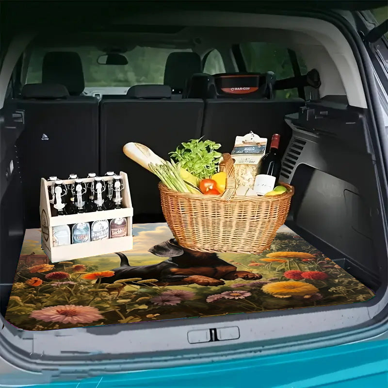 [Vibrant Dachshund Car Mat] 1pc Vibrant Garden Scene Large Dachshund Car Trunk Mat | Durable, Easy to Clean, Fit for All Vehicles, Playful Design with Flowers & Butterflies, Washable Material