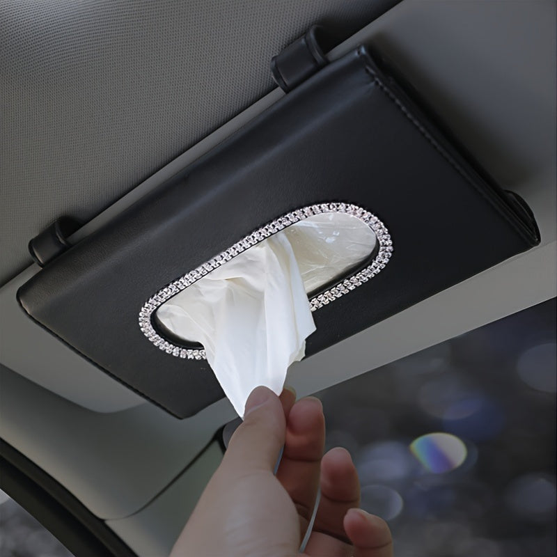 Universal Fit Luxury PU Leather Car Visor Tissue Holder with Sparkling Crystal Rhinestone Design, Auto Vehicle Napkin Dispenser Accessory