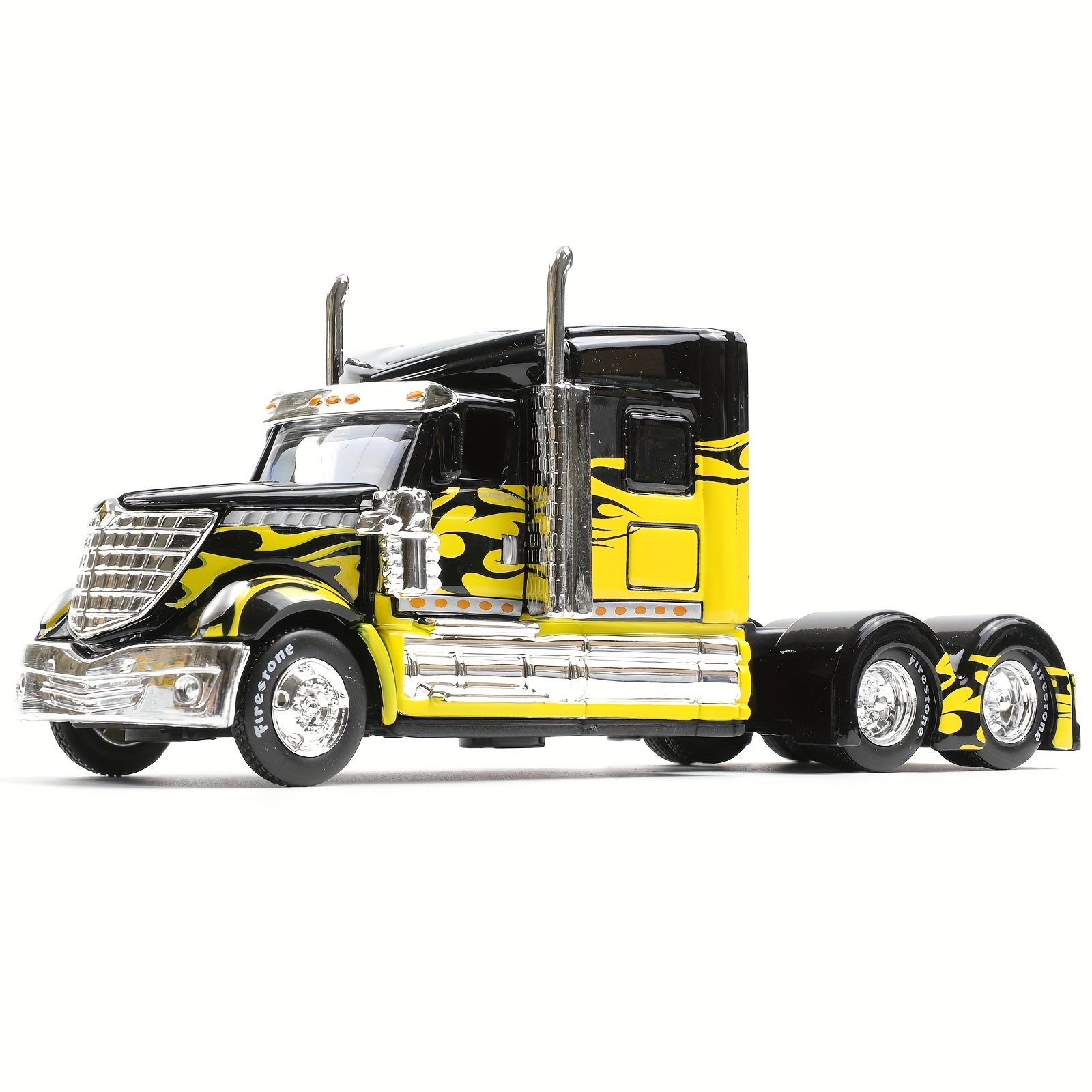 Maisto 1:64 Scale International Lonestar Container Trailer Truck - Vibrant Yellow & Black Alloy Model with Realistic Details, Chrome Accents, and Flame Design - Collectible Transport Vehicle Toy for Youngsters