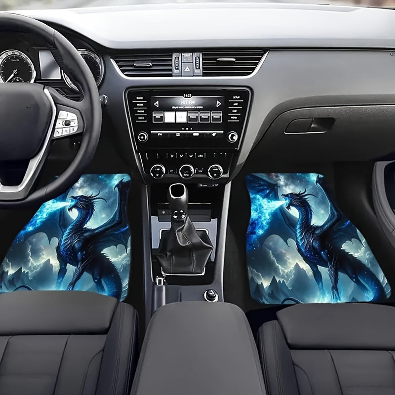 4pcs Cool Dragon Print Design Carpet Car Floor Mats Suitable for Cars, Trucks, SUVs - 4pcs Front and Rear Full Set Universal Car Interior Protection Decoration