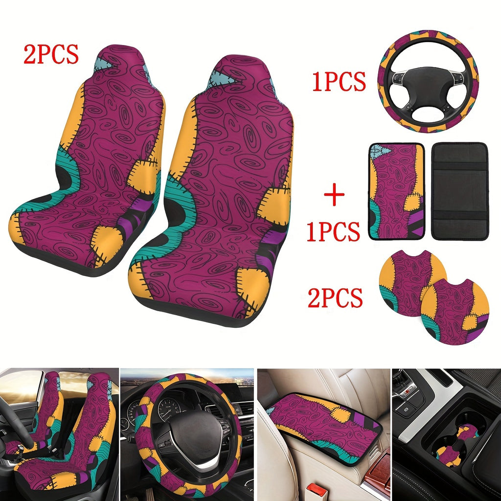 6-Piece Complete Car Decoration Kit - Soft Polyester Steering Wheel Cover, Center Console Pad, Cup Holder Coasters, and More - No Filler, Durable, and Easy to Clean Nightmare Before Christmas Accessories