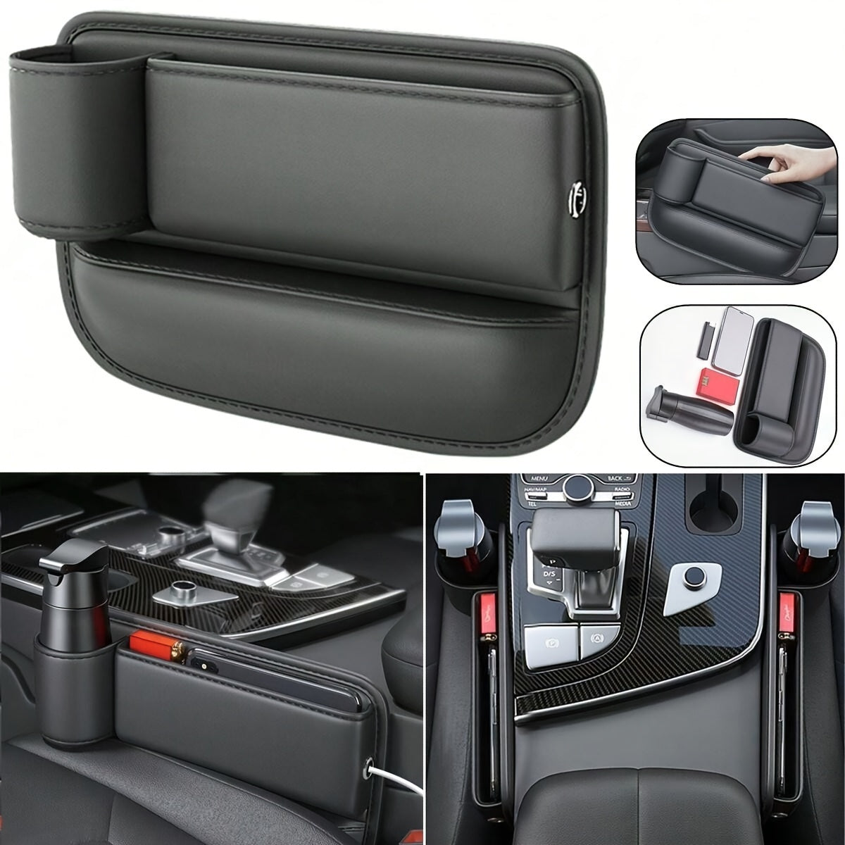 1 count Multifunction Car Seat Gap Storage Bag For Car Seat Gap Filler With Phone Cup Holder PU Leather Car Seat Slot Organizer Box Leak-proof Storage Bags for Phones Glasses Keys Cards