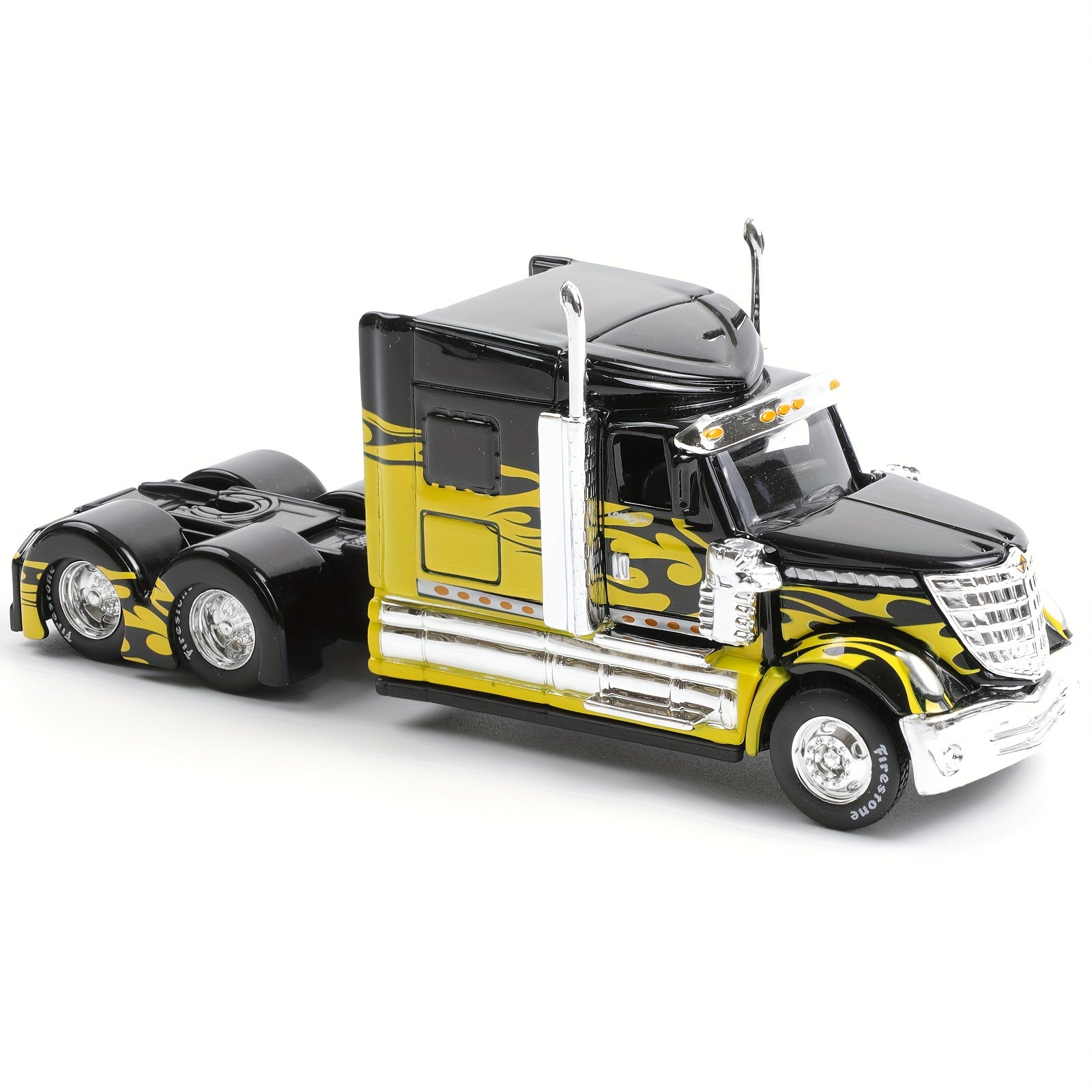 Maisto 1:64 Scale International Lonestar Container Trailer Truck - Vibrant Yellow & Black Alloy Model with Realistic Details, Chrome Accents, and Flame Design - Collectible Transport Vehicle Toy for Youngsters