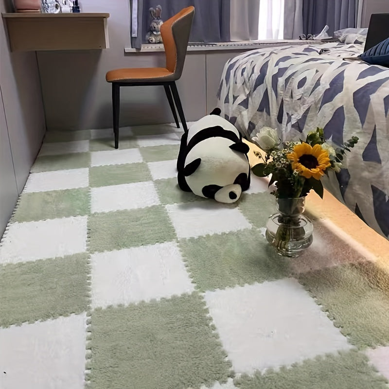 24pcs Soft Blue & Gray Plush Interlocking Floor Mats - Washable EVA & Polyester, Perfect for Living Room, Bedroom, or Game Room Decor