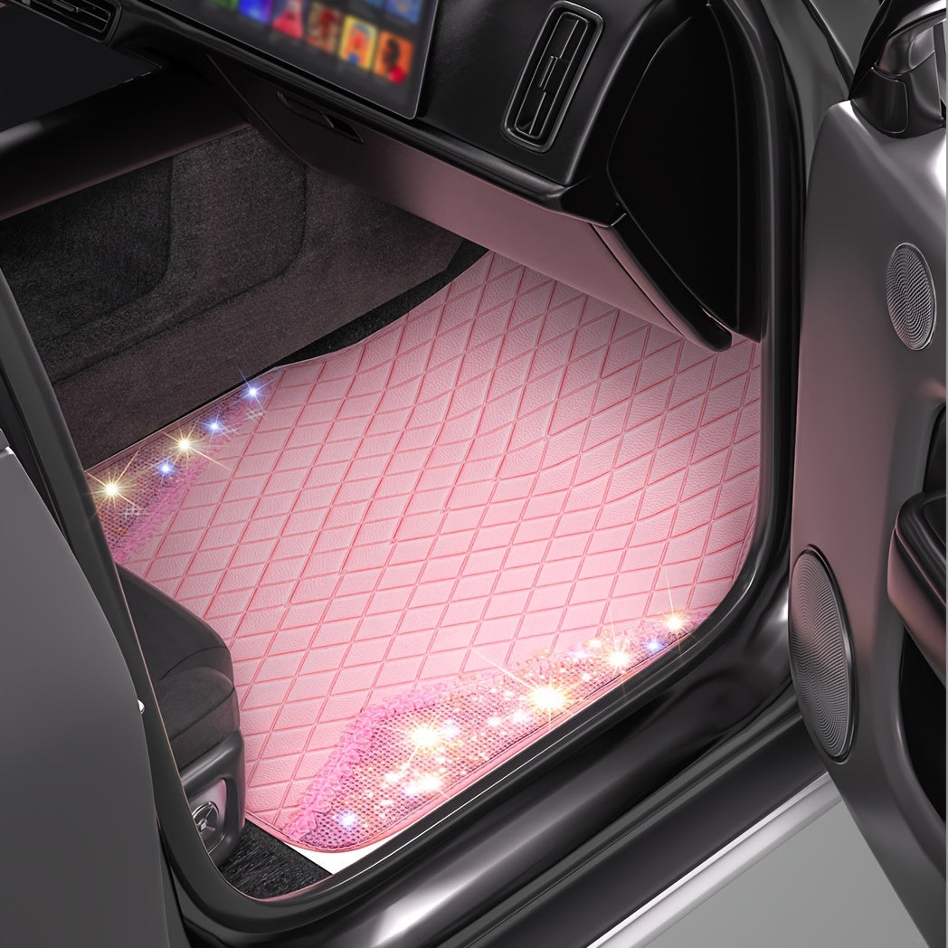 PU Leather Car Mats, Beautiful Fabric Pattern Decoration, Shining Diamond Floor Mats Crystal Rhinestones Sparkly Glitter Carpet Anti-Slip Pad Universal Fit For Automotive SUV, Sedan, Van, 4pcs For Girl Women Pink
