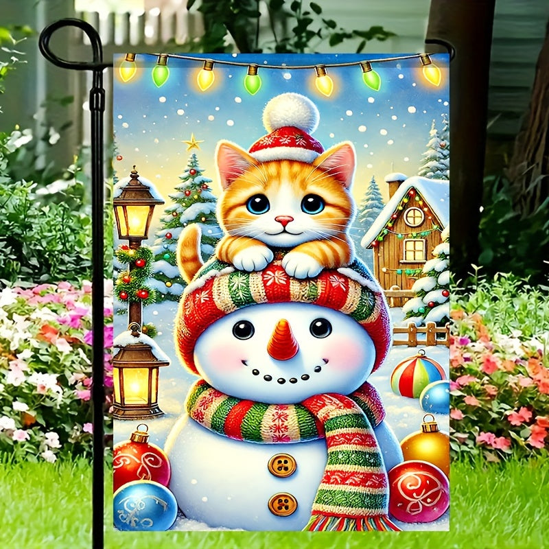 1PC Polyester Garden Flag - Cute Cat & Snowman Winter Christmas Decor - Pet Lovers Holiday Yard Display - Double-Sided Seasonal Outdoor Flag 12x18 Inch - Eco-Friendly, Durable for Home, Lawn, Farmhouse & Event Decorating - No