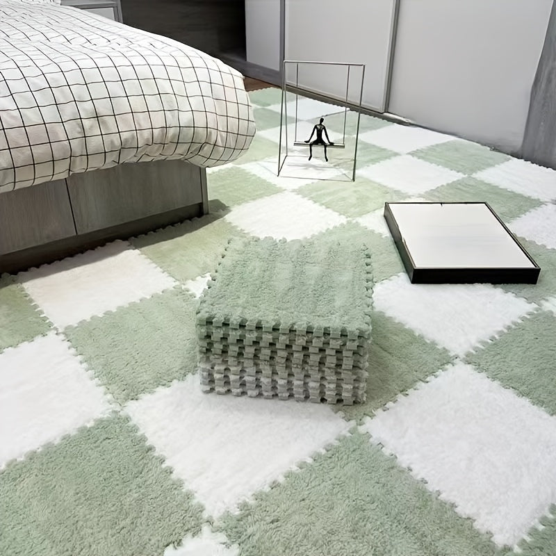 24pcs Soft Blue & Gray Plush Interlocking Floor Mats - Washable EVA & Polyester, Perfect for Living Room, Bedroom, or Game Room Decor