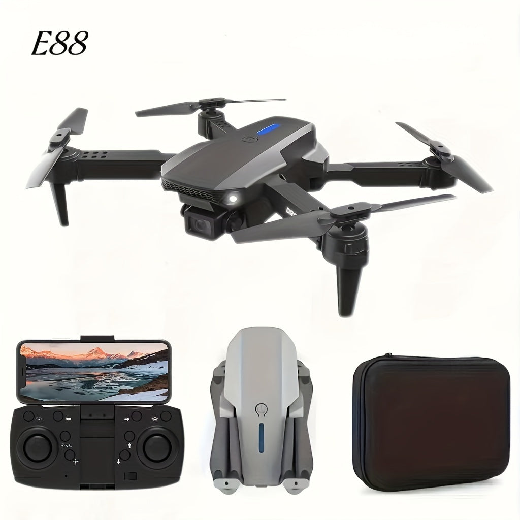 Intelligent aerial drone E88 single camera with dual batteries and replacement blades, equipped with protective frame and quadcopter, wireless connection, mobile phone remote control of unmanned aerial vehicle, aerial camera,
