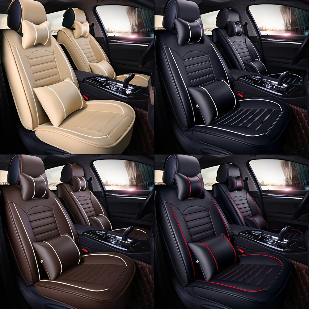 5-Seat Full Set Premium Waterproof Faux Leather Car Seat Cover with Adjustable Cushion Protector, 2 Headrest and 2 Lumbar Pillows, Universal Fit for All-Season Use, PU Leather Surface, Sponge Filled for Ultimate Comfort