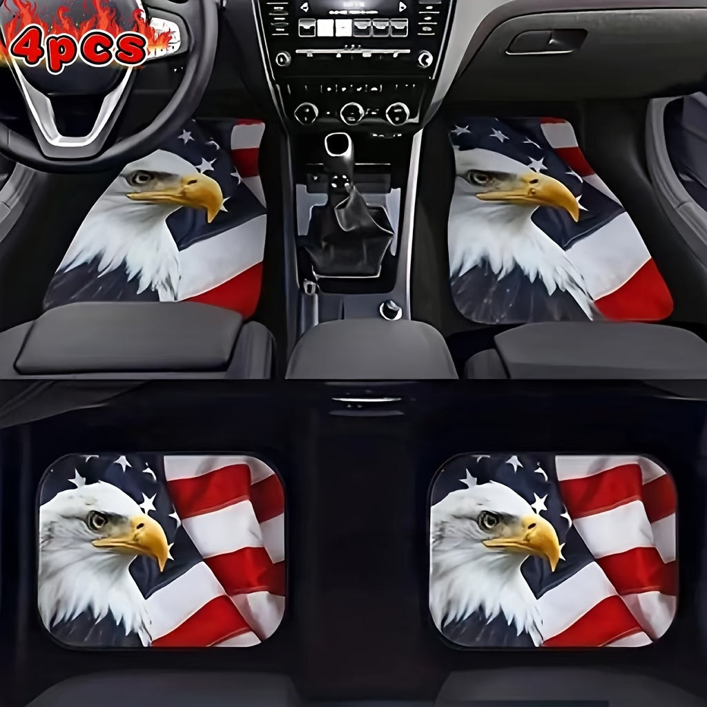 4-Piece Universal Fit Eagle & American Flag Car Floor Mats Set - Durable, Absorbent, Non-Slip, Washable Polyester Mats for Cars, SUVs, Trucks, and Vans - All-Season Protection
