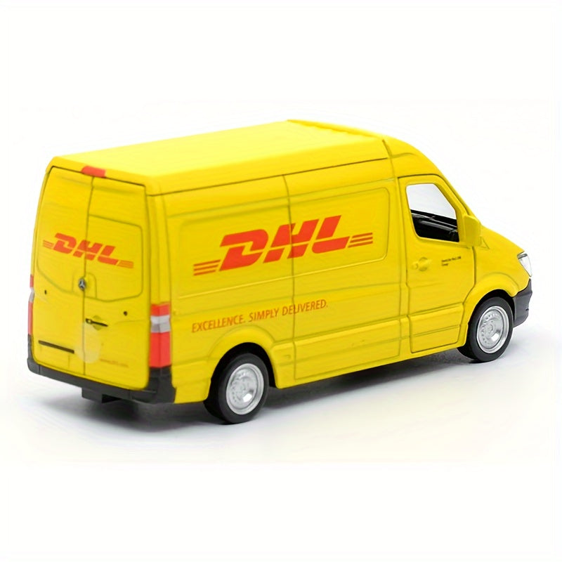 MAKEDA 1:36 Scale DHL Mercedes-Benz Delivery Vehicle Replica, Wind Powered, Weather Resistant, Pull-Back Action, Zinc Alloy Model, Suitable for Ages 3-6, Toy Collection and Gift for Boys