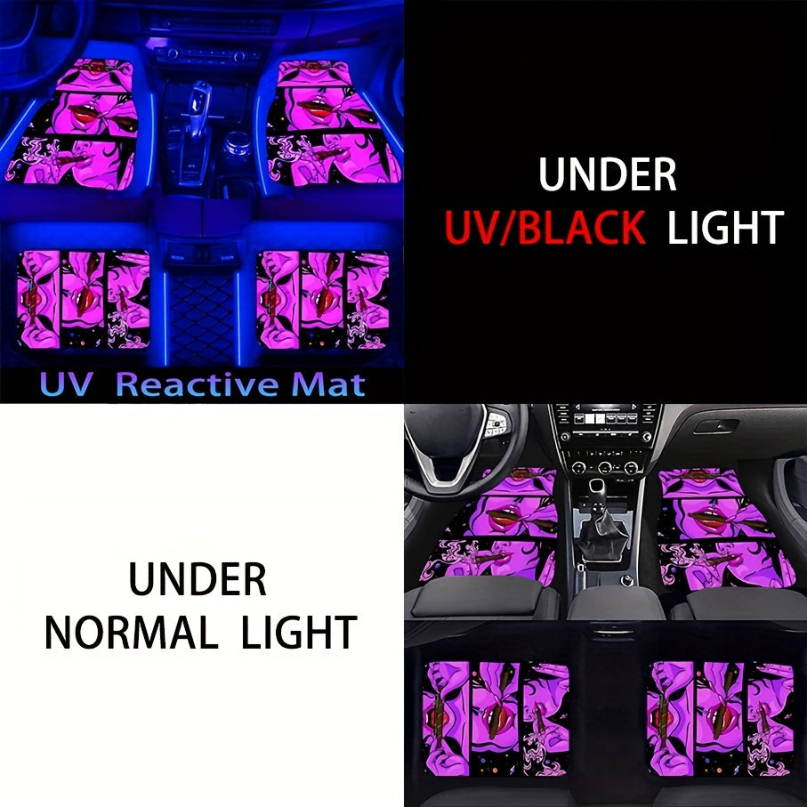 4pcs Cool Woman Pattern Flannel UV Black Light Car Floor Mats - Water-Absorbent, Non-Slip, Stain-Resistant, Reactive to UV Blacklight, Easy to Clean, and Protective Decoration for Most Car Front and Rear Seat Carpets