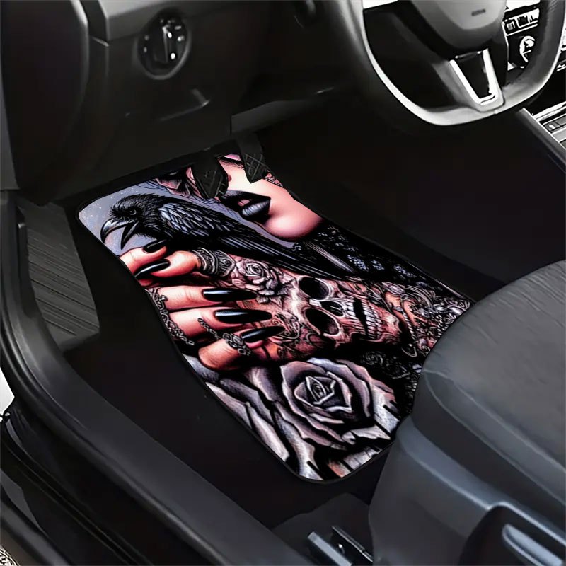 Set of Four Car Floor Mats Featuring a Skull Rose Design, Made from Crystal Velvet with Anti-Slip Properties. This Universal Set Enhances Your Vehicle'S Interior, Effectively Gathers Hair, Maintains Cleanliness, Is Easy to Cl