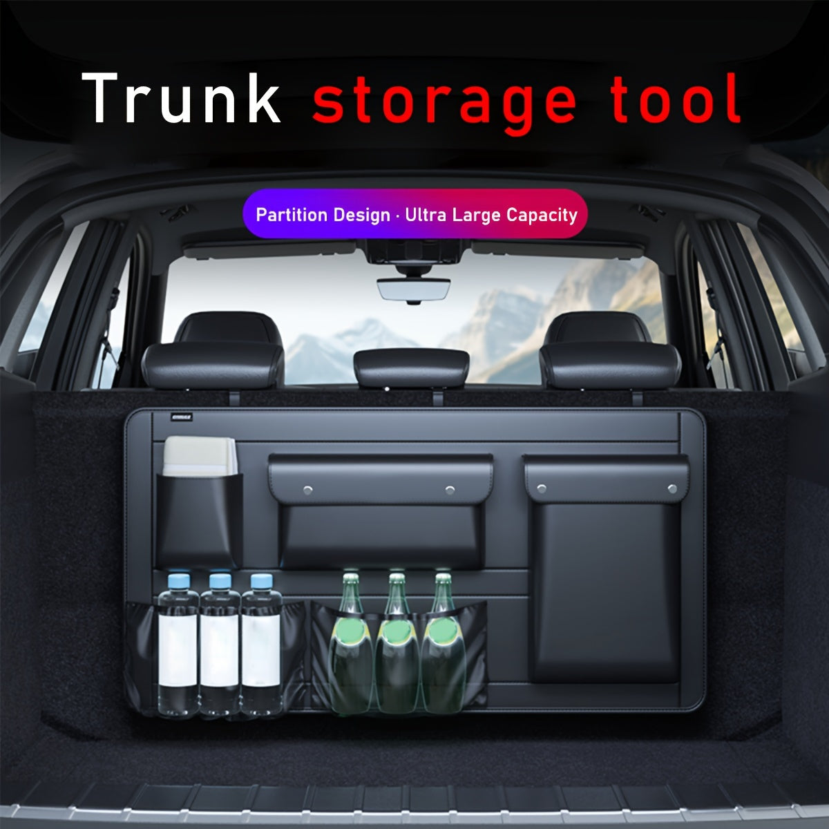 Multi-Functional Car Trunk Organizer with Seat Back Storage - Large Capacity Vehicle Cargo Box for Tools, Groceries, and Accessories - Durable Black Fabric with Multiple Compartments, Car Travel Accessories, Best for Christma