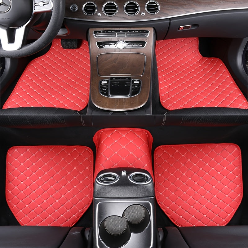 Universal 5pcs set of fashionable PU Leather car floor mats - checkered pattern, easy to install, enhanced interior protection,  Sleek Design, Highquality Material, Auto Detailing, Vehicle Enthusiasts
