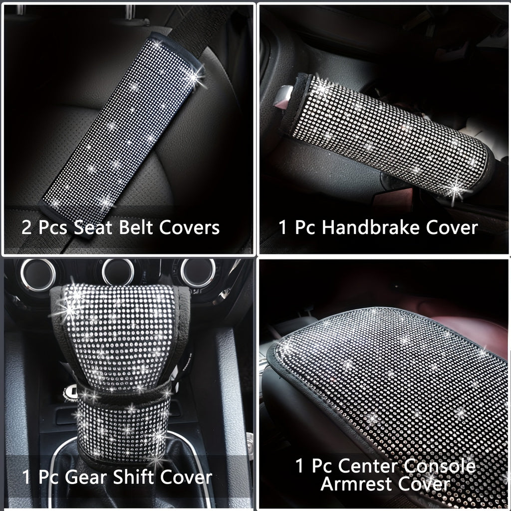 30pcs Bling Car Accessories Set for Women, Steering Wheel Covers Universal Fit 15 Inch, Seat Belt Covers, Armrest Cover, Gear Shift Covers