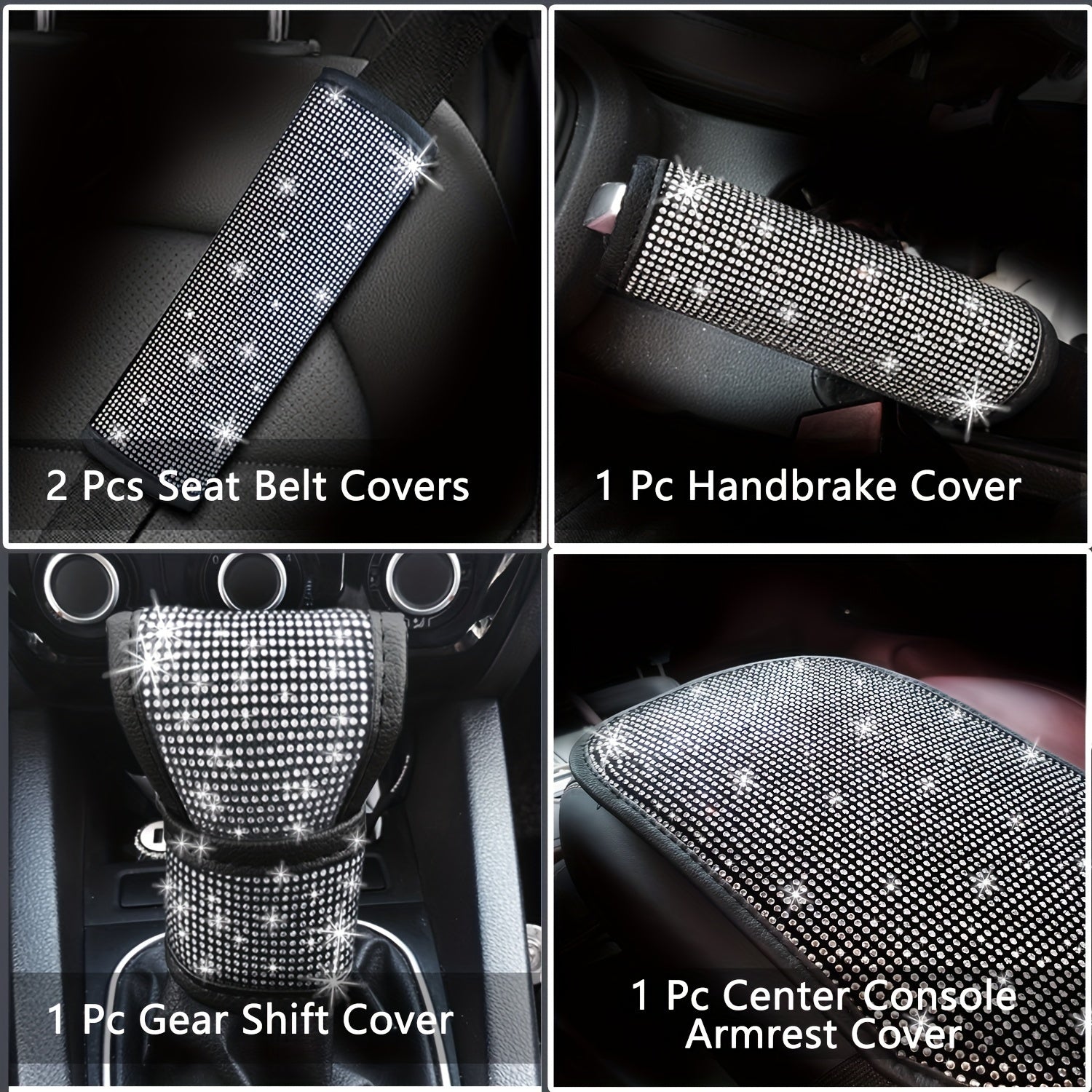30pcs Bling Car Accessories Set for Women, Steering Wheel Covers Universal Fit 15 Inch, Seat Belt Covers, Armrest Cover, Gear Shift Covers