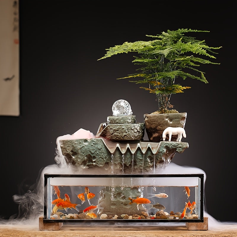 Tabletop Eco Fish Tank Water Fountains Indoor Water Fall Decor With Mist And LED Light
