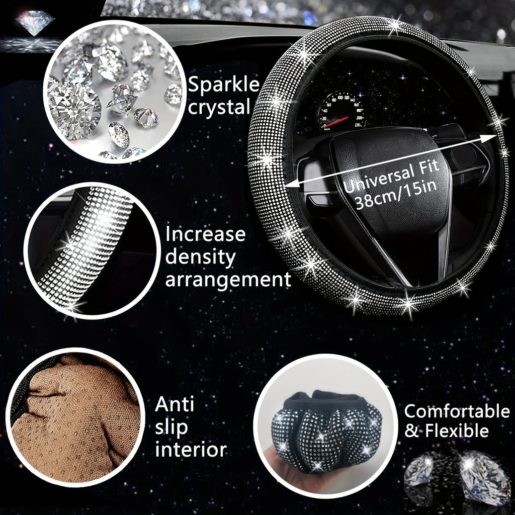 30pcs Bling Car Accessories Set for Women, Steering Wheel Covers Universal Fit 15 Inch, Seat Belt Covers, Armrest Cover, Gear Shift Covers