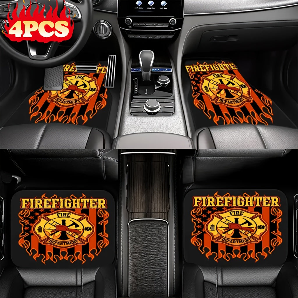 [Firefighter Theme Car Mats] 4pcs Firefighter Theme Printed Universal Car Floor Mats - Suitable for SUV, Truck, Cars | All-Weather Polyester Pads | Ideal Gift, Vehicle Floor Mats