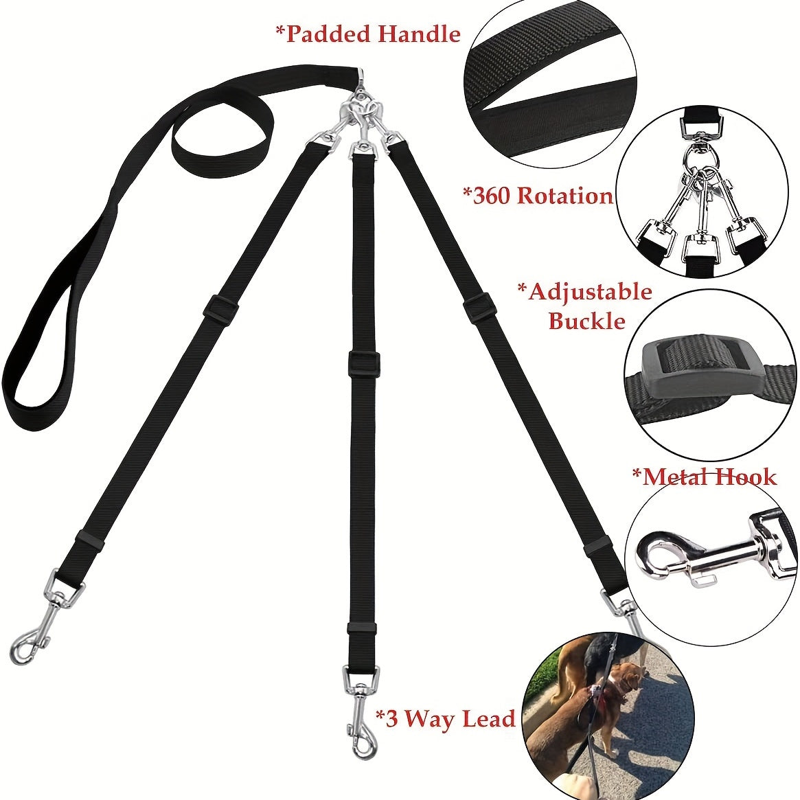 Adjustable No-Pull Dog Leash Suitable for Outdoor Walking & Car Travel - 3-Way Car Seat Belt Harness for Dogs, for Hiking, Camping, Vehicle Rides
